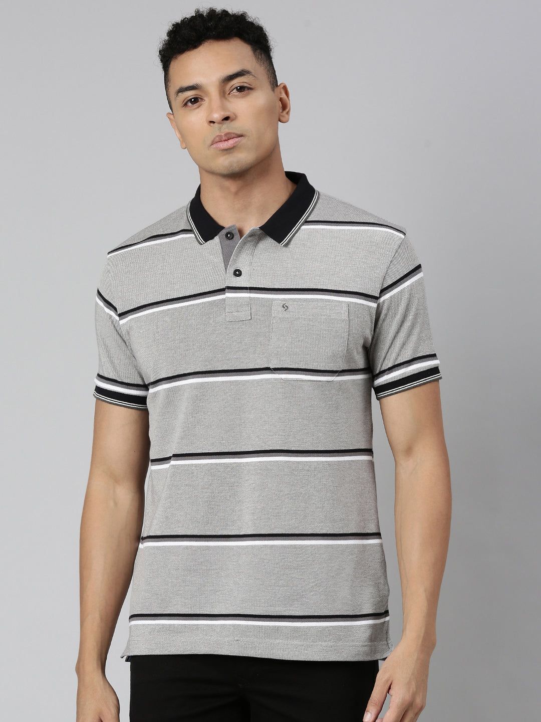 Classic Polo Men's Polo Neck Cotton Grey Slim Fit Striped T-Shirt | ADORE-221 A SF P