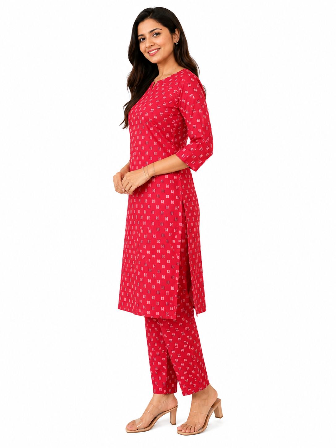Rayon Ikat Model Printed Kurti Set – Red | Premium Rayon Fabric