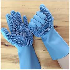 Magic Silicone Dish Washing Hand Gloves for Kitchen Dishwashing and Pet Grooming, Great for Washing Dish, Car, Bathroom - 1 Pair (Multicolour).