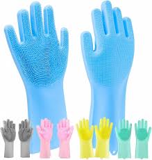 Silicone Dish Washing Hand Gloves for Kitchen Dishwashing and Pet Grooming, Great for Washing Dish, Car, Bathroom - 1 Pair (Multicolour).
