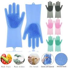 Silicone Dish Washing Hand Gloves for Kitchen Dishwashing and Pet Grooming, Great for Washing Dish, Car, Bathroom - 1 Pair (Multicolour).