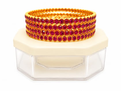 Designer Gold Finish Hexagon Stone Bangle Set | Ruby Pink | Size 2.8 Designer Gold Finish Hexagon Stone Bangle Set | Ruby Pink | Size 2.8