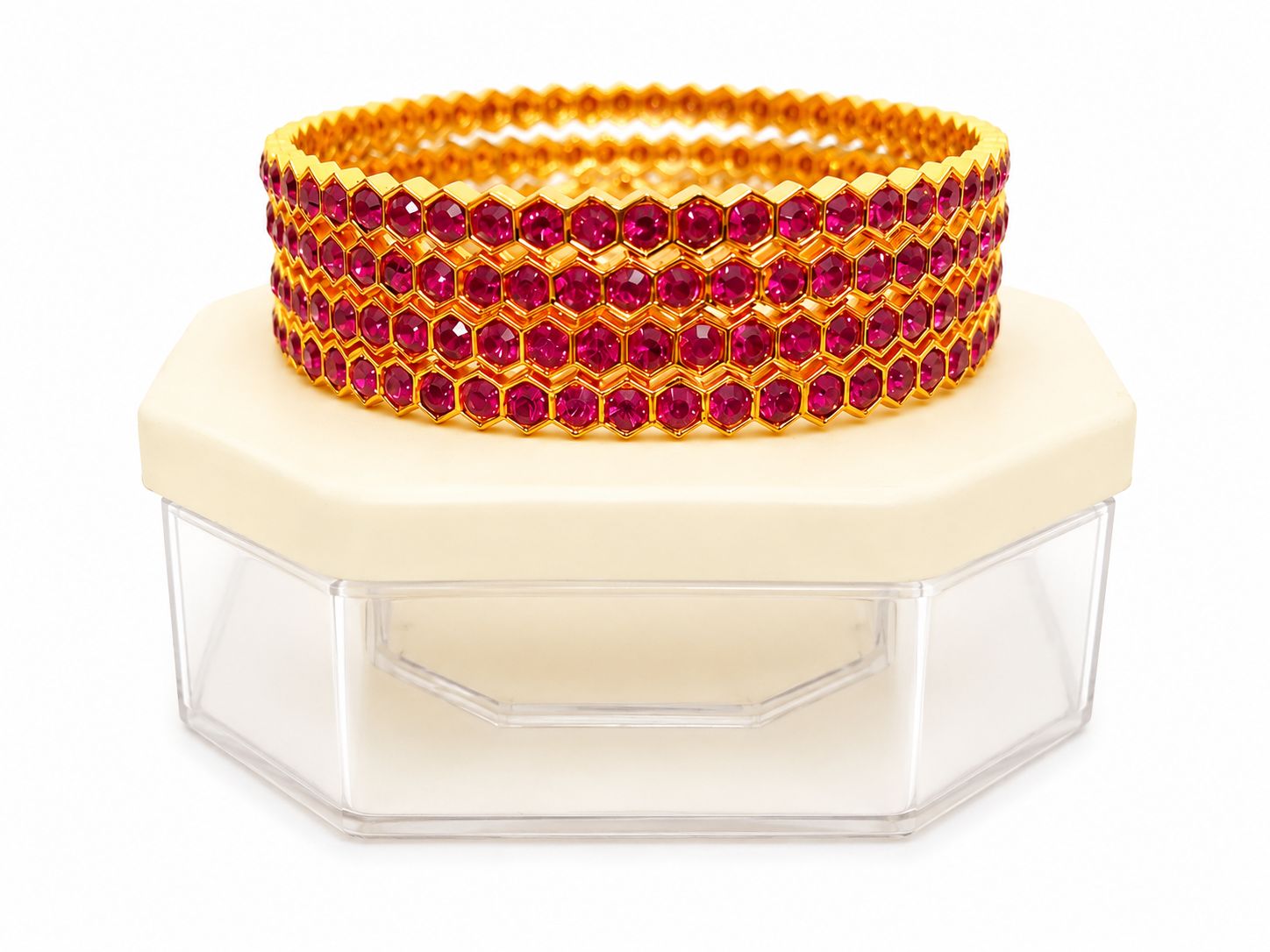 Designer Gold Finish Hexagon Stone Bangle Set | Ruby Pink | Size 2.8
