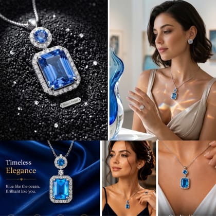 Elegantra Premium Ocean Blue Emerald-Cut Pendant Necklace – Sparkling American Diamond Silver Chain for Women