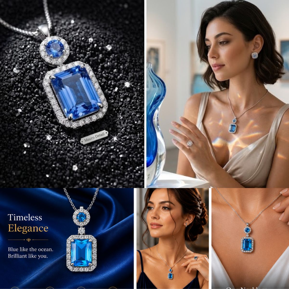 Elegantra Premium Ocean Blue Emerald-Cut Pendant Necklace – Sparkling American Diamond Silver Chain for Women