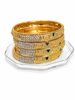 Gold-Plated Designer Bangles Set of 4 with Heart Enamel & Stone Work | Size 2.4 Gold-Plated Designer Bangles Set of 4 with Heart Enamel & Stone Work | Size 2.4