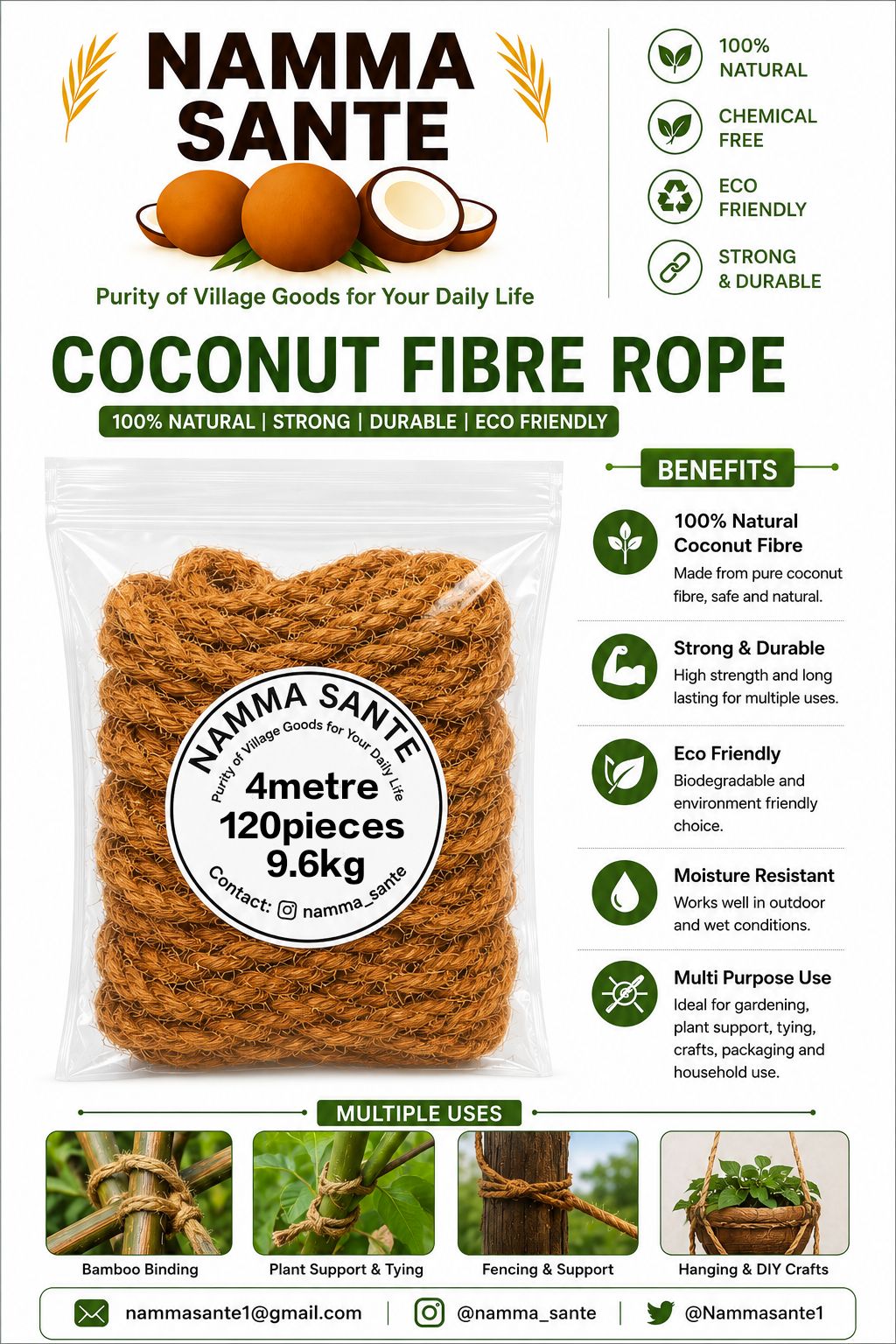 Coconut Fibre Rope, Coir Rope, Coconut Coir Rope, Nariyal Resha Rope, Koyir Rope 4metre 120pieces 9.6kg