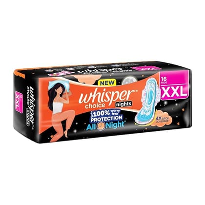 Whisper Choice Nights, 16 XXL Pads, Gives Up to 100% worry-free protection all night** with 4x back coverage