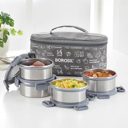BOROSIL Slate Stainless Steel Lunchbox, 4 pc Set (280 ml Each), Single Wall Tiffin 4 Containers Stainless Steel College Lunch Box