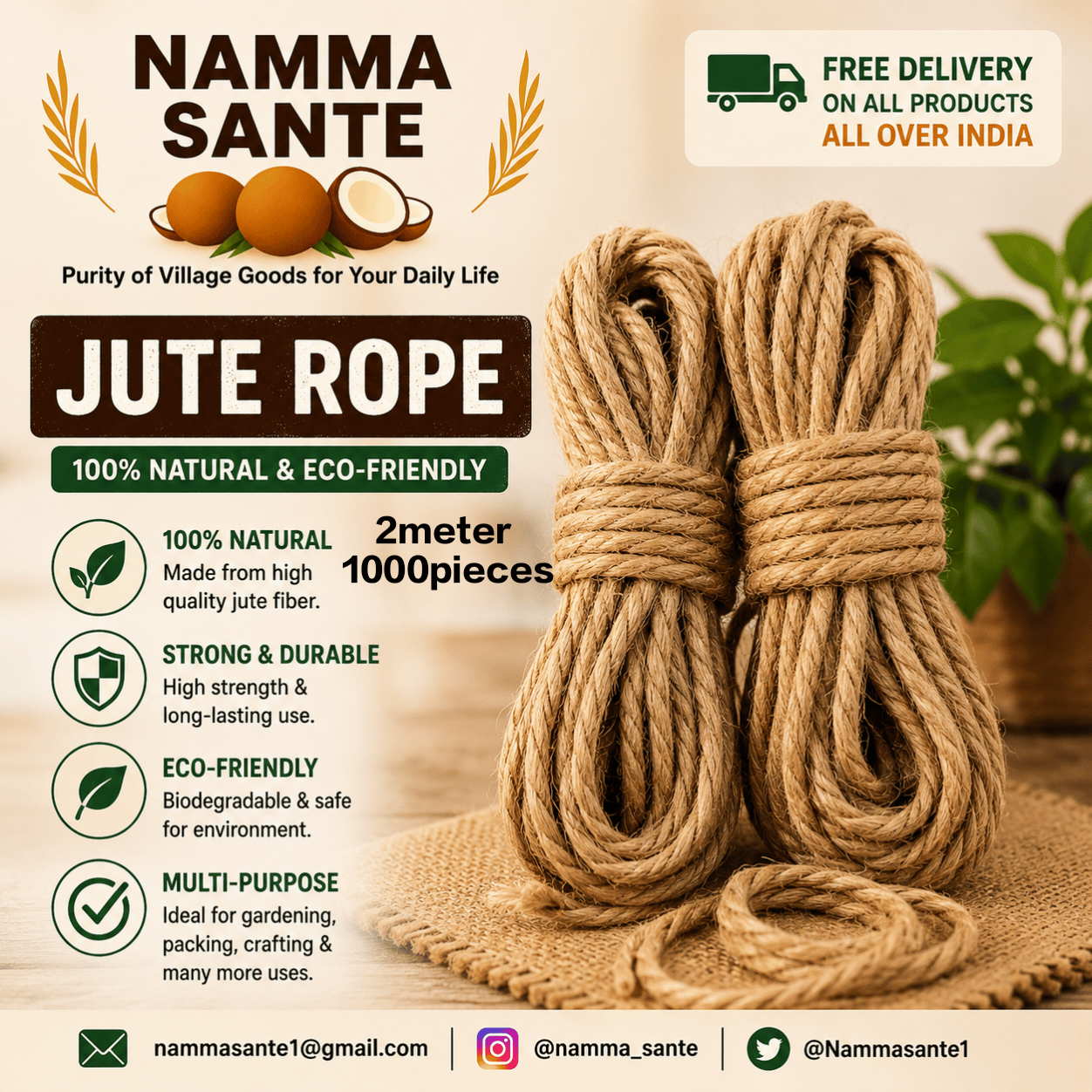 Jute Rope, Natural Jute Rope, Multipurpose Jute Rope, Twisted Jute Rope, Eco-Friendly Jute Rope 2meter 1000pieces 15kg