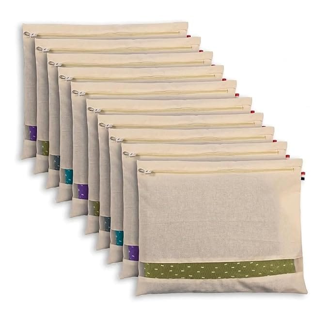 100% Cotton Reusable Vegetable Storage Bags (Pack of 10, 12x12 Inch) | Eco-Friendly Fridge Organizer Bags | Washable Breathable Cloth Bags | Plastic-Free Kitchen Storage Solution