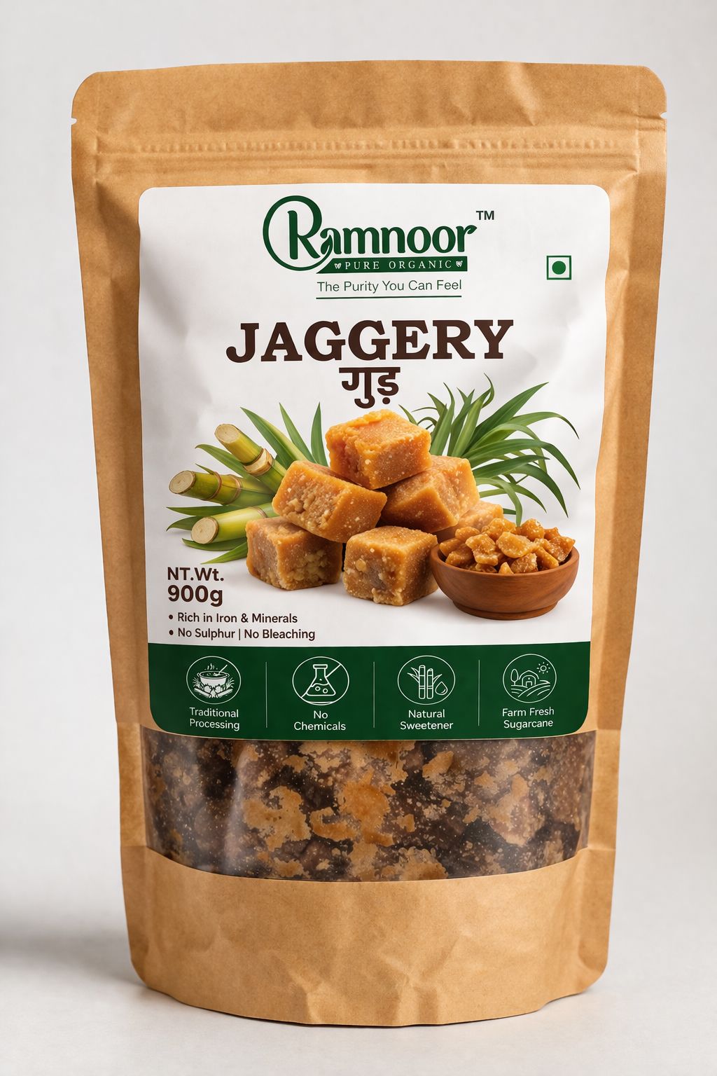 Ramnoor Pure Organic Jaggery Cube | Natural Unrefined Gud | No Chemicals & No Preservatives | 900g