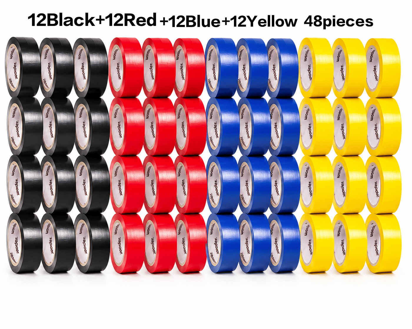 Electrical Insulation Tape, PVC Insulation Tape, Electrical Tape Roll, Wire Insulation Tape, PVC Electrical Tape 12Red+12yellow+12Blue+12Black 48pieces 