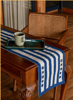 Striped Cotton Table Runner with Floral Details