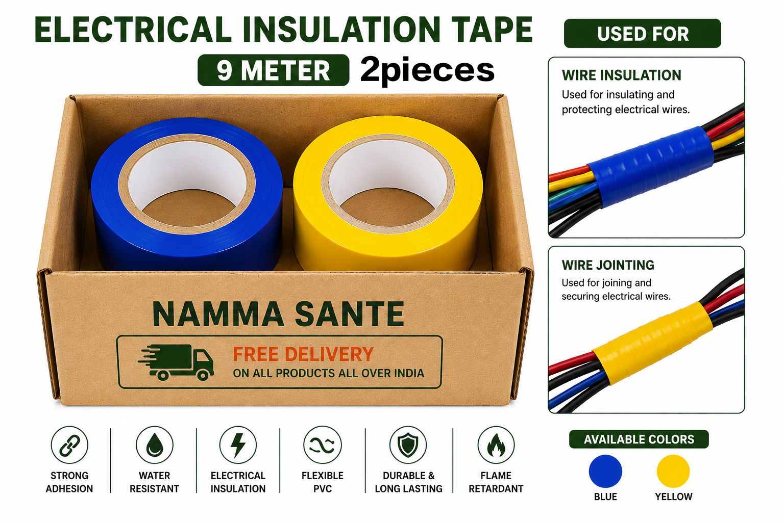 Electrical Insulation Tape, PVC Insulation Tape, Electrical Tape Roll, Wire Insulation Tape, PVC Electrical Tape 1Yellow+1Blue 2pieces