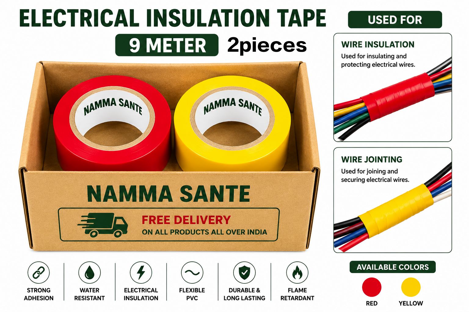 Electrical Insulation Tape, PVC Insulation Tape, Electrical Tape Roll, Wire Insulation Tape, PVC Electrical Tape 1Red+1Yellow 2pieces