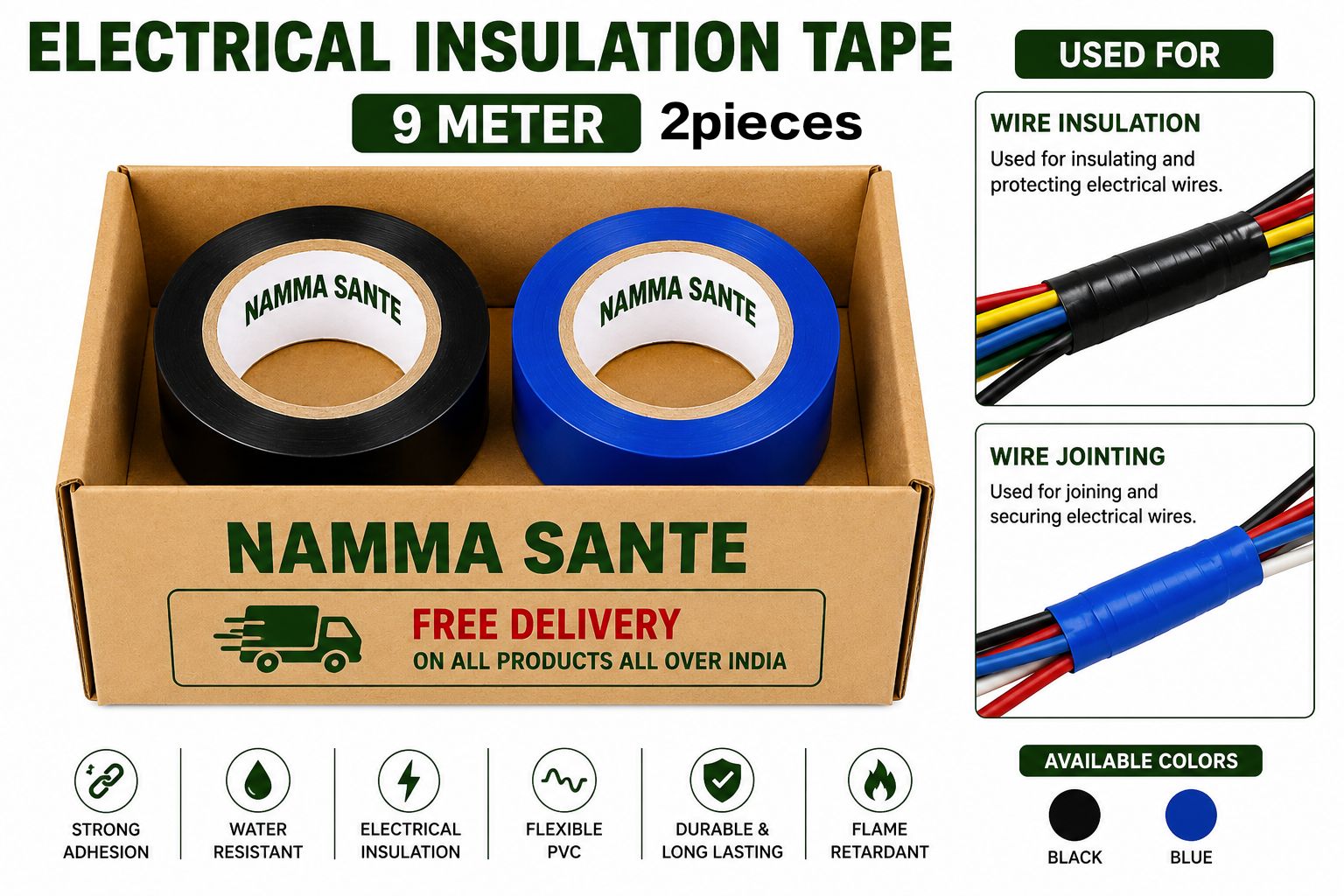 Electrical Insulation Tape, PVC Insulation Tape, Electrical Tape Roll, Wire Insulation Tape, PVC Electrical Tape 1Blue+1Black 2pieces
