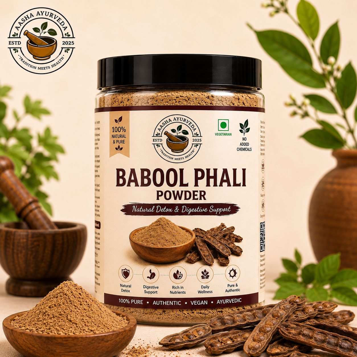 Aasha Ayurveda Babool Phali Powder | 100% Natural Babul Phali Powder | Premium Quality Herbal Powder