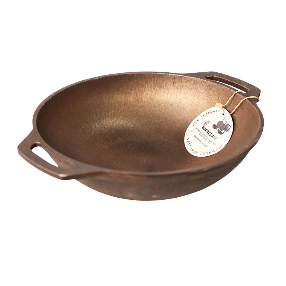 Aarogyam 12" Pre-seasoned Cast Iron Round Kadai, Naturally Nonstick