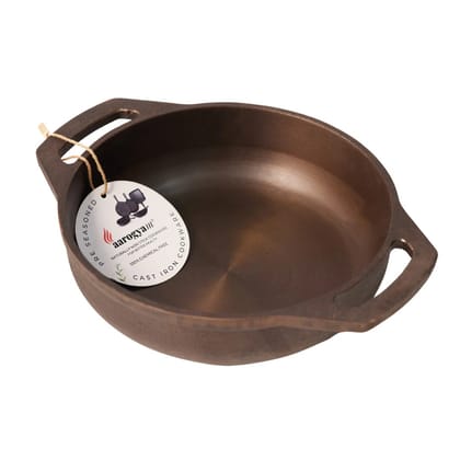 Aarogyam 9 Inch Induction Friendly Pre-seasoned Cast Iron Flat Kadai, Naturally Nonstick, Induction Friendly