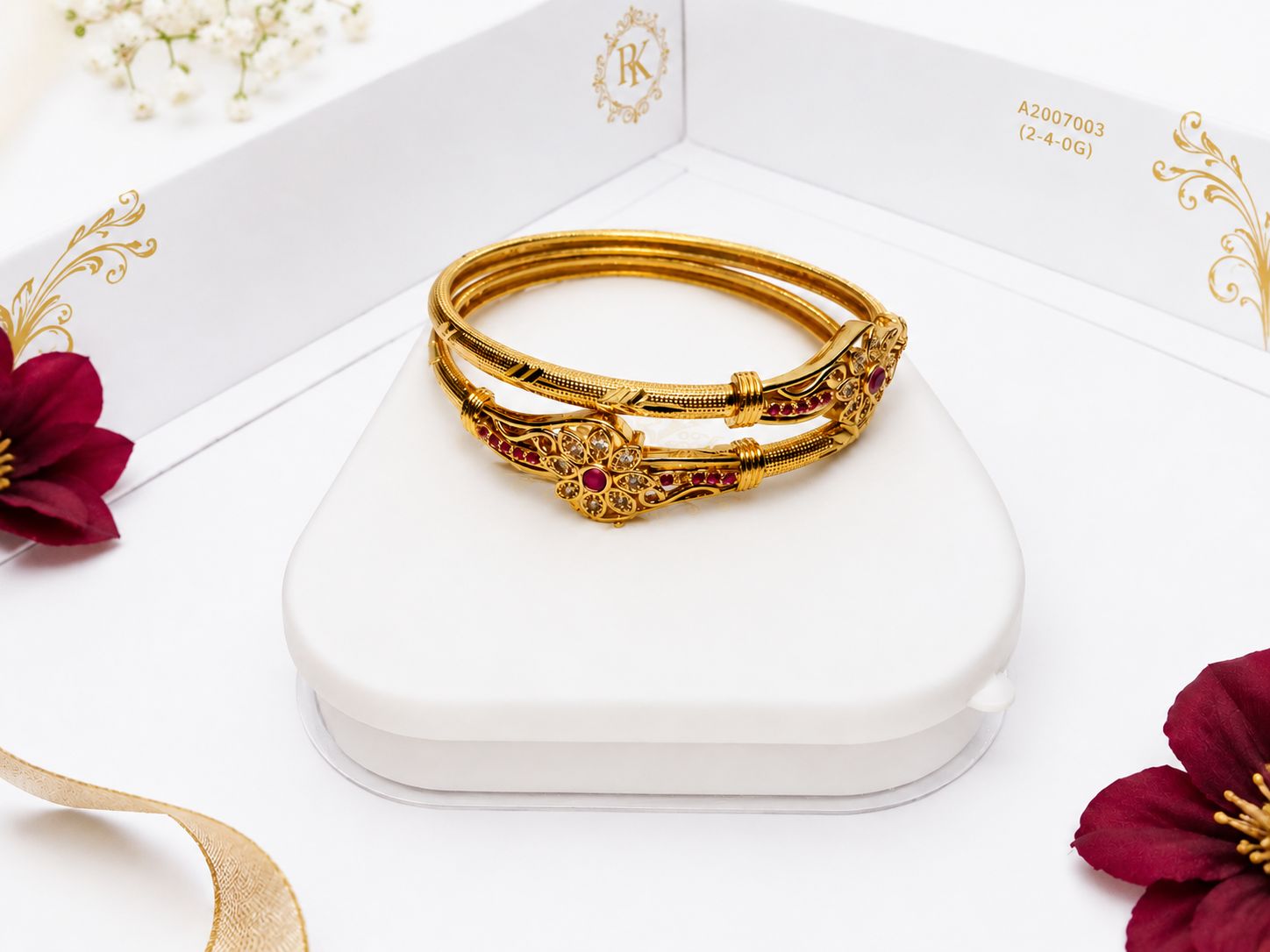 Traditional Floral Gold-Tone Bangles for Women | Ruby Stone Design | Size 2.4 | Size 2.6 | Size 2.6 