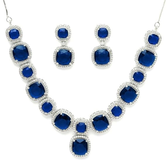 Karatcart Elegant Silver Plated Blue American Diamond Necklace Set for Women