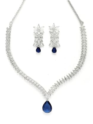 Elegant Silver Plated Blue American Diamond Necklace Set for Women