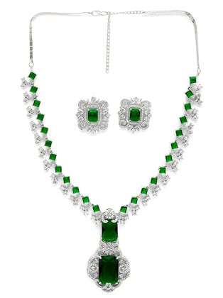 Karatcart Elegant Silver Plated Green American Diamond Necklace Set for Women