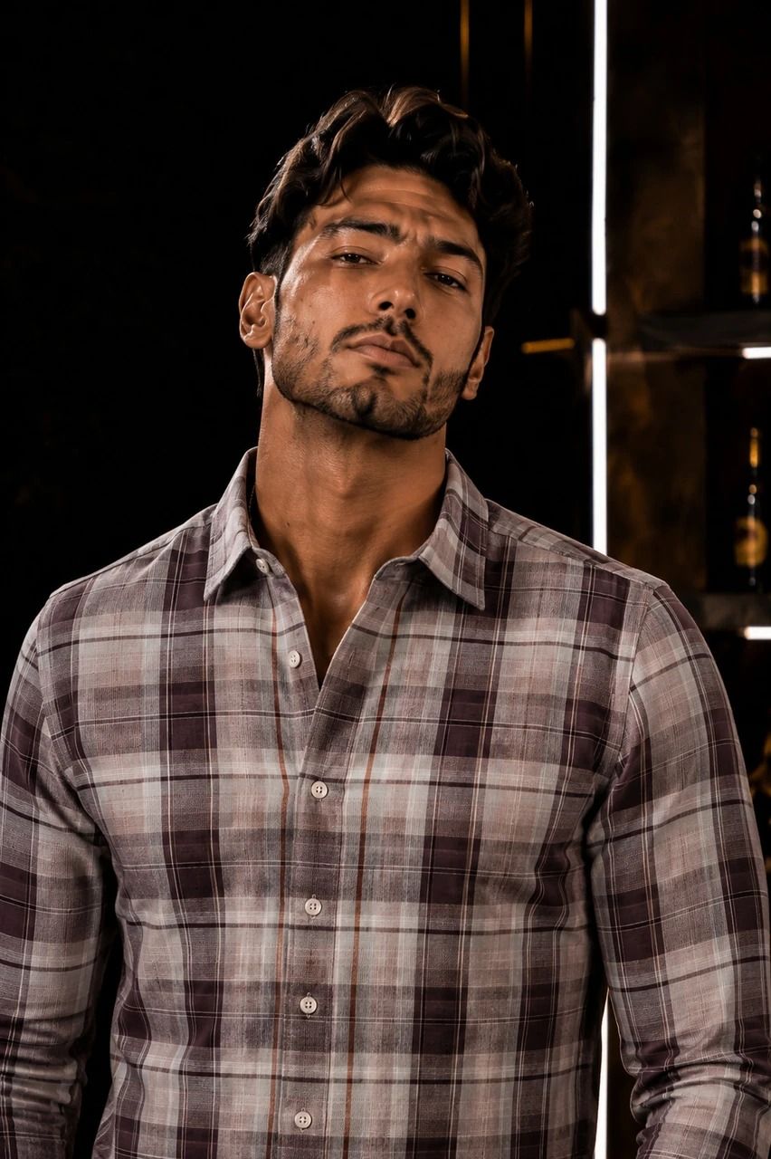 Men's Premium Purple & Beige Plaid Formal Shirt