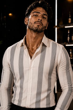Enrich Fashion Factory Men's White Vertical Stripe Casual Shirt Enrich Fashion Factory Men's White Vertical Stripe Casual Shirt
