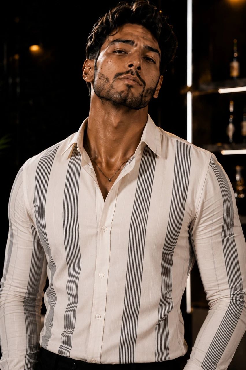 Enrich Fashion Factory Men's White Vertical Stripe Casual Shirt