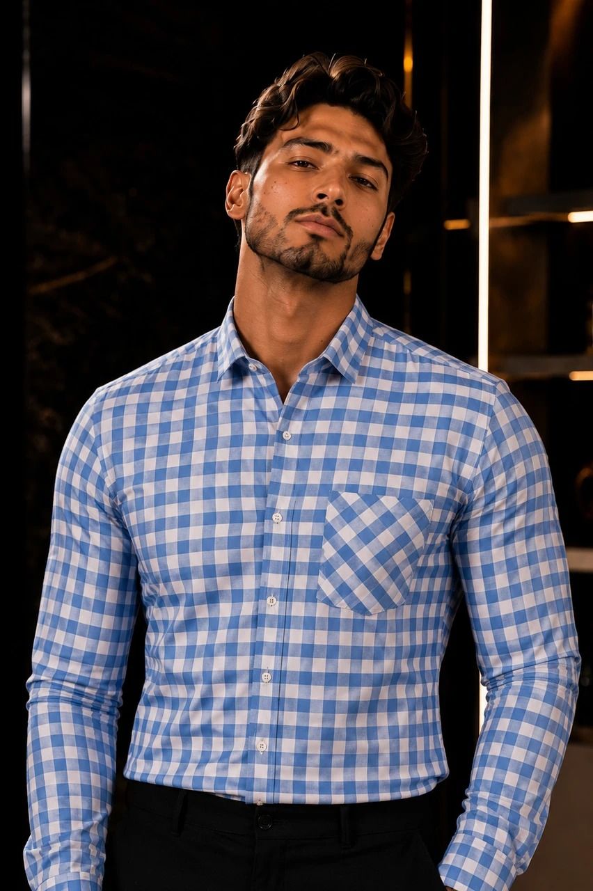Enrich Fashion Factory Men's Sky Blue & White Checkered Casual Shirt