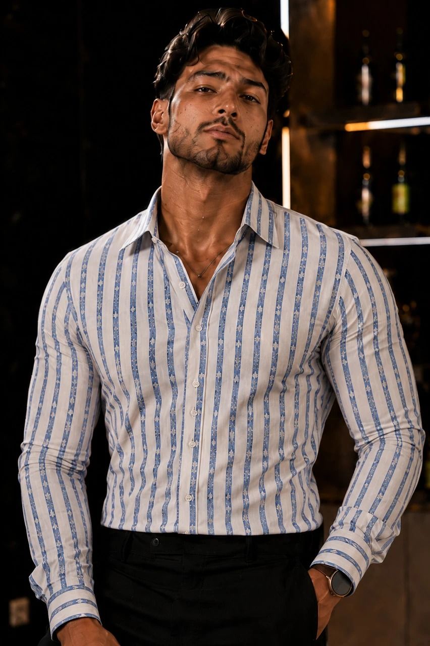 Enrich Fashion Factory Men's White & Blue Vertical Striped Casual Shirt
