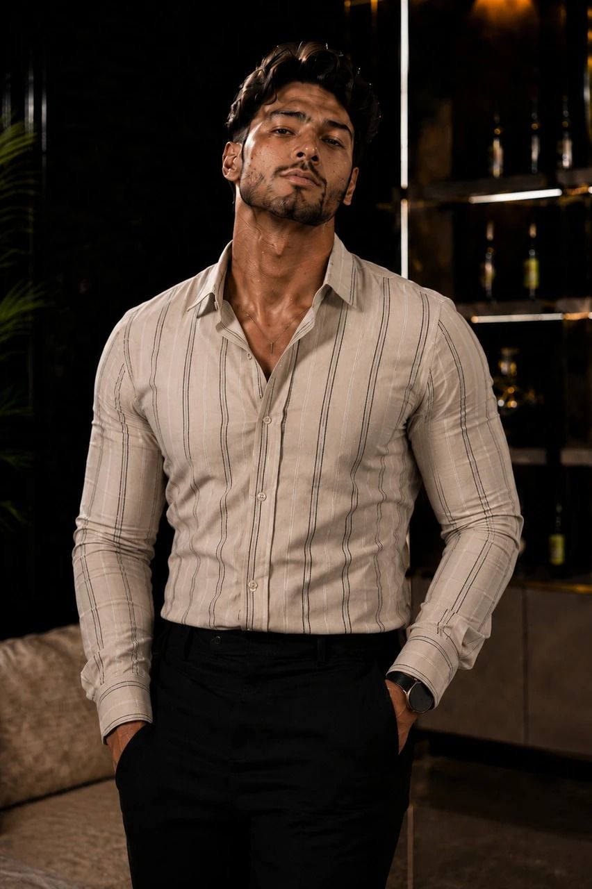Enrich Fashion Factory Men's Beige & Black Vertical Striped Casual Shirt