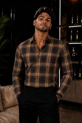 Enrich Fashion Factory Men's Brown & Mustard Checkered Casual Shirt