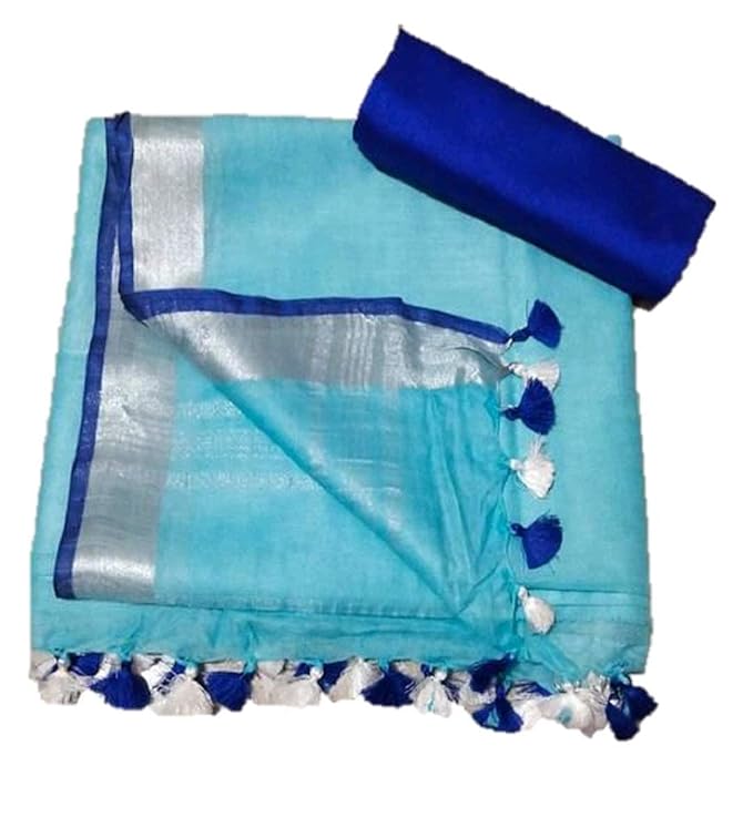 Turquoise Blue Linen Blend Handwoven Saree with Blouse Piece