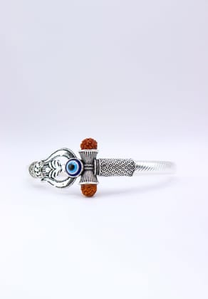 Silver-Finish Mahadev Trishul Damru Rudraksha Evil Eye Kada Bangle Silver-Finish Mahadev Trishul Damru Rudraksha Evil Eye Kada Bangle