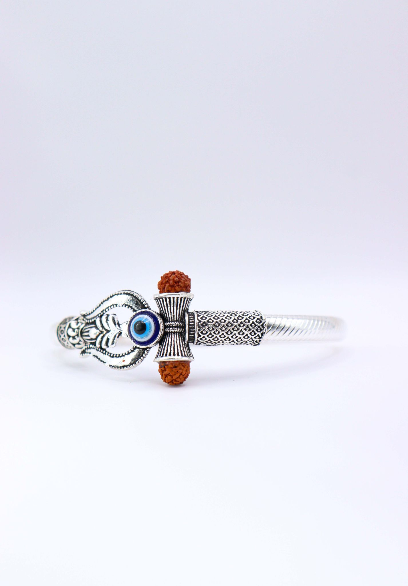 Silver-Finish Mahadev Trishul Damru Rudraksha Evil Eye Kada Bangle