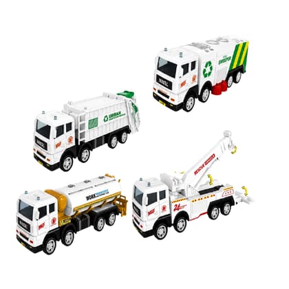 KTRS Enterprise City Service Vehicle Toy Set | Garbage Truck, Road Sweeper, Water Tanker & Rescue Crane Truck | Friction Powered Construction Vehicles for Kids (4 Pcs)