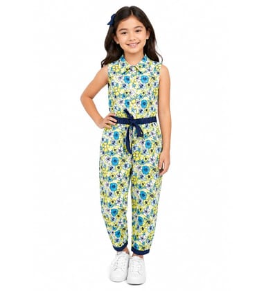 Girl's Cotton Floral Sleeveless Jumpsuit (Yellow, 4-5-Yrs)-PID66079