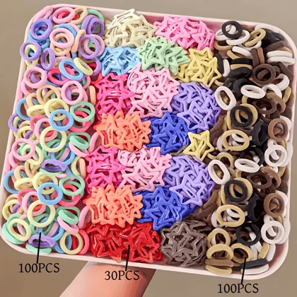 230 Pcs Combo 200pcs Mini Colorful Rubber Bands with 30 Pcs Star Shape Metal Tic Tac Hair Clips