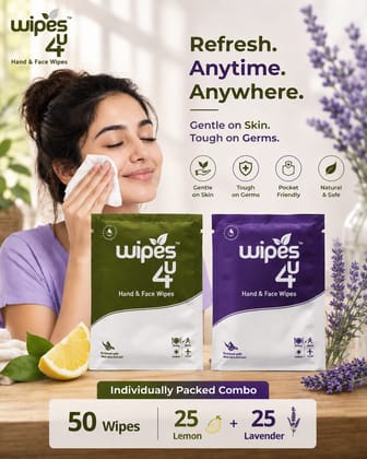 Wipes4u Individually Packed Face and Hand Wet Wipes Combo ( 25 Lavender  + 25 Lemon )