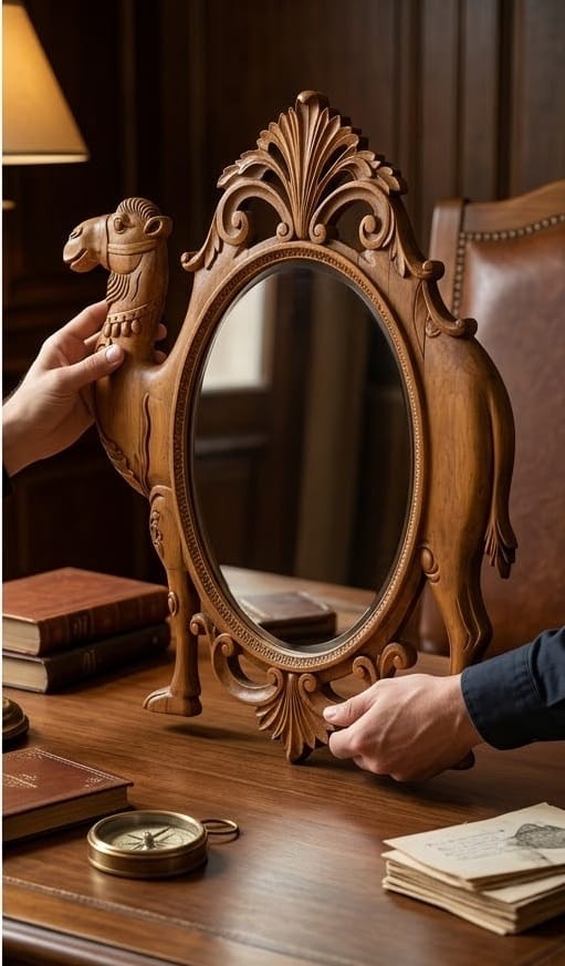 Hand-Carved Wooden Camel Figurine Mirror