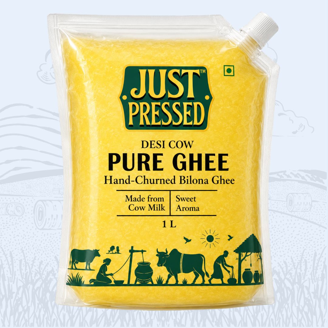Just Pressed - Pure Cow Ghee - Bilona Chruned&nbsp;-&nbsp;1&nbsp;Ltr pouch