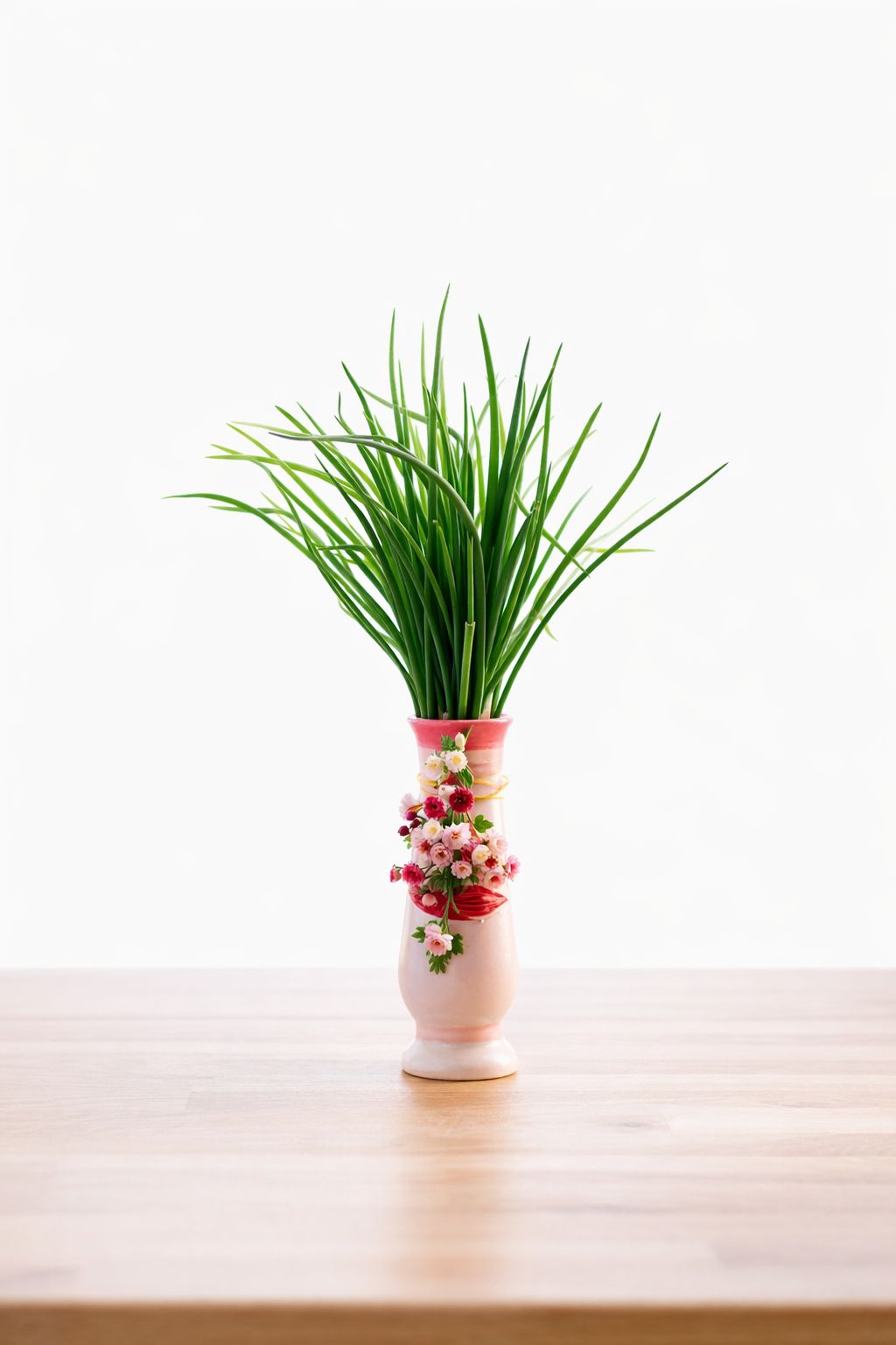 Mini Artificial Grass and Red Flower Bunch in Decorative Vase