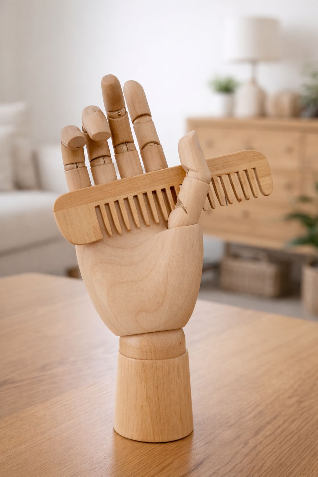 Natural Wood Mannequin Hand with Wide-Tooth Comb
