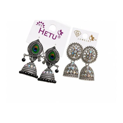 (Pack of 2) Oxidized Silver Plated Traditional Jhumka Earrings for Women & Girls