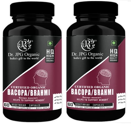 Dr. JPG Organic Herbals Brahmi Capsules For Memory Wellness/Bacopa Monniera / 500mg, 60 Veg. Capsules/INDIA ORGANIC Certified (Pack Of 2)