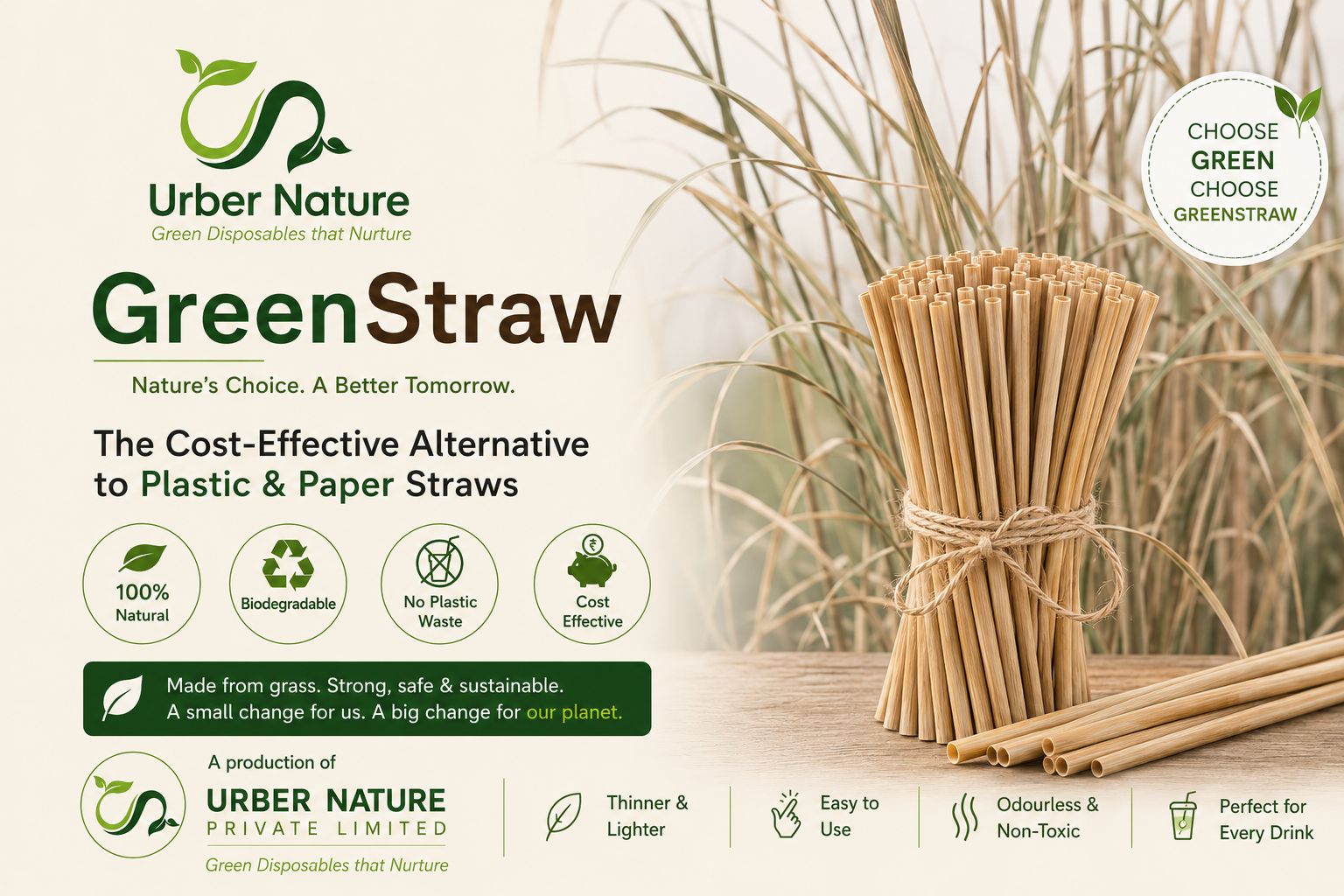 Urber Nature GreenStraw Eco-Friendly Grass Drinking Straws (Pack of 50)