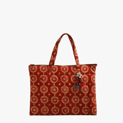 Rust Red Handcrafted Quilted Tote Bag with Ethnic Print